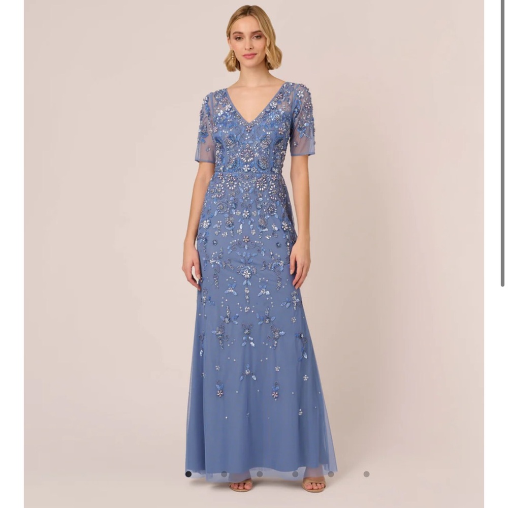 ADRIANNA PAPELL 3D FLORAL BEADED MERMAID GOWN IN FRENCH BLUE size 8 NWT